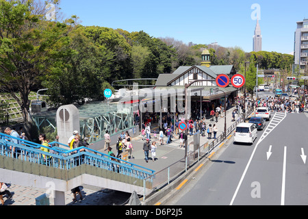 Street scene and the JR Rail metro station in Harajuku, Tokyo, Japan Stock Photo