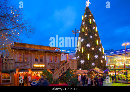 Christmas Market and the Biggest Christmas Tree in the World, Hansaplatz, Dortmund, North Rhine-Westphalia, Germany, Europe Stock Photo