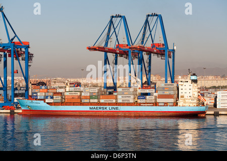 Maersk container ship 'Agnete Maersk' unloading at Port of Malaga. Stock Photo