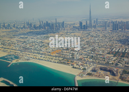 View of city skyline and Dubai Beach from seaplane, Dubai, United Arab Emirates, Middle East Stock Photo