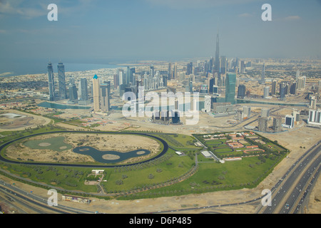 View of Burj Khalifa and city skyline from seaplane, Dubai, United Arab Emirates, Middle East Stock Photo