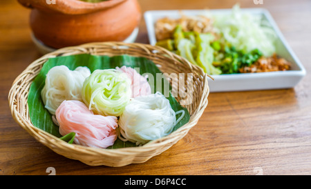 rice noodle in basket on table thai food Stock Photo