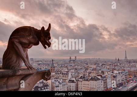 A gargoyle on Notre Dame de Paris cathedral looks over the city, Paris, France, Europe Stock Photo