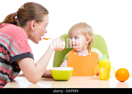 mother spoon feeding her baby girl Stock Photo