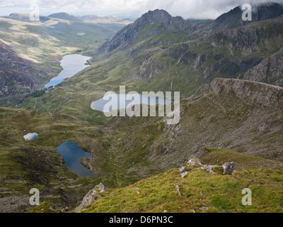 Snowdonia's Glyderau mountain range viewed from the summit of Y Garn, showing Tryfan and lakes Ogwen, Idwal and Clyd Stock Photo