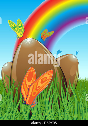 Illustration of three chocolate easter eggs hidden in a meadow with butterflies. In the background you can see the rainbow. Blue Stock Photo