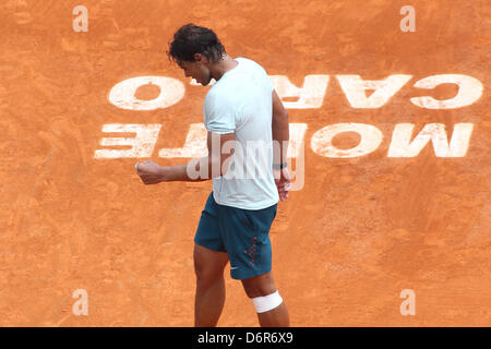 MONTE CARLO, MONACO - APRIL 19: Rafael Nadal of Spain celebrates his win during the quarter final match against Grigor Dimitrov of Bulgaria (not pictured) on day five of the ATP Monte Carlo Masters, at Monte-Carlo Sporting Club on April 19, 2013 in Monte-Carlo, Monaco. (Photo by Mitchell Gunn/ESPA) Stock Photo