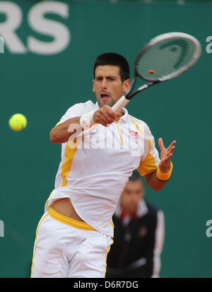 MONTE CARLO, MONACO - APRIL 19: Novak Djokovic of Serbia in action during the quarter final match against Jarkko Nieminen of Finland (not pictured) on day five of the ATP Monte Carlo Masters, at Monte-Carlo Sporting Club on April 19, 2013 in Monte-Carlo, Monaco. (Photo by Mitchell Gunn/ESPA) Stock Photo