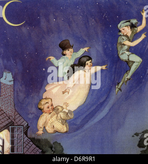 PETER PAN flies with the Darling children from a 1930s edition of J.M. Barrie's novels Stock Photo