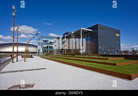 BiP Solutions headquarters building at Pacific Quay Glasgow Scotland with Glasgow Science Centre behind left Stock Photo