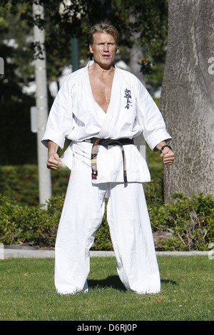 Dolph Lundgren practicing martial arts at a park in Beverly Hills Beverly Hills, California - 20.02.11 Stock Photo