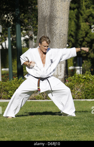 Dolph Lundgren practicing martial arts at a park in Beverly Hills Beverly Hills, California - 20.02.11 Stock Photo