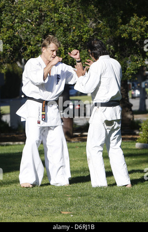 Dolph Lundgren practicing martial arts at a park in Beverly Hills Beverly Hills, California - 20.02.11 Stock Photo