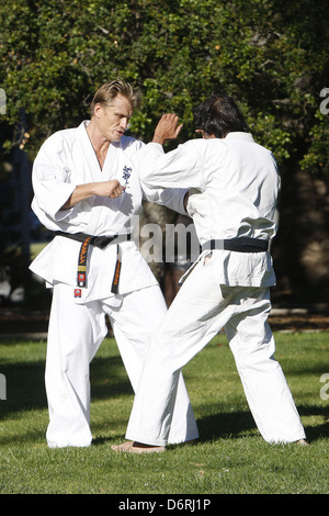 Dolph Lundgren practicing martial arts at a park in Beverly Hills Beverly Hills, California - 20.02.11 Stock Photo