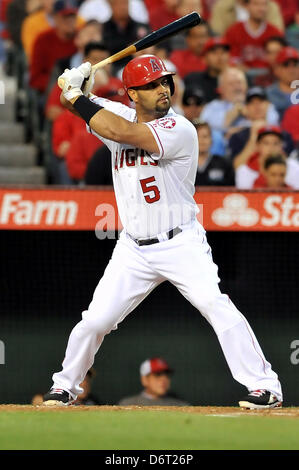 Anaheim, California, USA. 22nd April, 2013. Angels' Albert Pujols #5 during the Major League Baseball game between the Texas Rangers and the Los Angeles Angels of Anaheim at Angel Stadium in Anaheim, California. Josh Thompson/Cal Sport Media/Alamy Live News Stock Photo