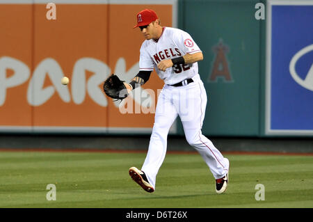 Anaheim, California, USA. 22nd April, 2013. Angels' Mike Trout #27 during  the Major League Baseball game between the Texas Rangers and the Los  Angeles Angels of Anaheim at Angel Stadium in Anaheim