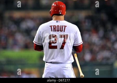 Anaheim, California, USA. 22nd April, 2013. Angels' Mike Trout #27 during the Major League Baseball game between the Texas Rangers and the Los Angeles Angels of Anaheim at Angel Stadium in Anaheim, California. Josh Thompson/Cal Sport Media/Alamy Live News Stock Photo