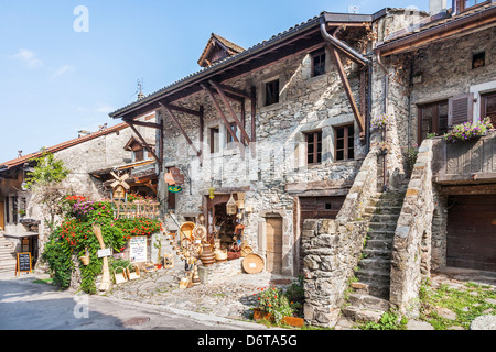 Yvoire, France - medieval fishing village - stone shops and houses Stock Photo