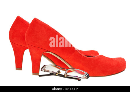 red high heels woman shoes and eyeglasses isolated on white background Stock Photo