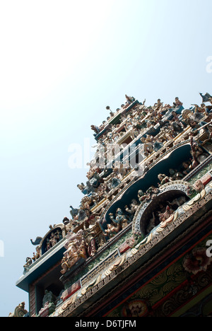 View looking upwards at deities adorning the a Hindu Temple in the Pettah market in Colombo, Sri Lanka. Stock Photo