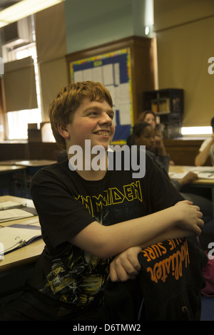 9th grade social studies teacher engages students with the Trojan War in a Greek history unit. Queens, NY Stock Photo