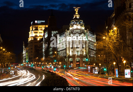 Madrid - look from Plaza de Cibeles in dusk to Cale de Alcala street and Metropolis building Stock Photo