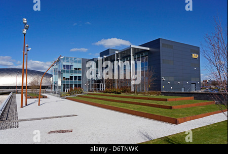 BiP Solutions headquarters building at Pacific Quay Glasgow Scotland with Glasgow Science Centre behind left Stock Photo