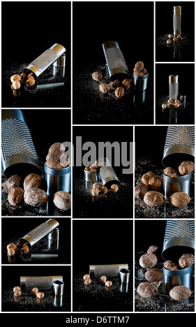 whole and grind nutmeg collage on black background Stock Photo