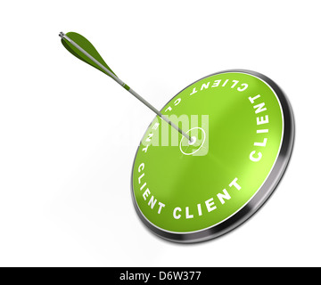 green target with the word client written on it with an arrow hitting the center - white background Stock Photo