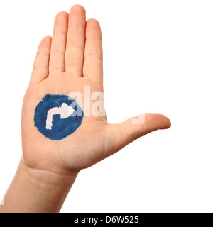 Hand with the drawn road sign 'right turn only'. Isolated on a white Stock Photo