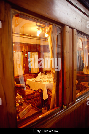 Old restaurant car, view from the window. Delicias Railway Station, Railway Museum, Madrid, Spain. Stock Photo