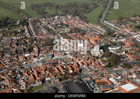 aerial view of Beverley, East Yorkshire showing the Market Square and St Marys Parish Church Stock Photo