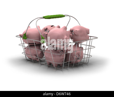 metal basket with lot of pink piggy banks inside over a white background Stock Photo