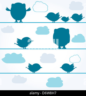 silhouettes of Birds and owls on wires Stock Photo