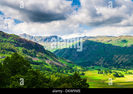 View over Great Langdale Valley from Lingmoor Fell towards the Langdale Pikes in the Lake District, Cumbria, England. Stock Photo
