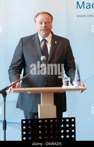 Berlin, Germany. 23rd April, 2013. Federal Minister of Economic Cooperation and Development Dirk Nibel and German Federal Interior Minister Hans-Peter Friedrich in the Awards student competition ‘Hope Europe - refugees from Africa’. Credit: ©Gonçalo Silva/Alamy.Live News.