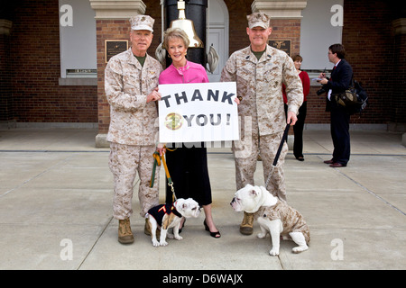 Commandant of the Marine Corps, Gen. James F. Amos; the First Lady of the Marine Corps, Bonnie Amos; and the 17th Sergeant Major of the Marine Corps, Sgt. Maj. Michael P. Barrett, pose for a photo with the outgoing Marine Corps mascot, Sgt. Chesty XIII, right, and the incoming Marine mascot, Private First Class Chesty XIV, left, following the Eagle Globe and Anchor ceremony April 8, 2013 in Washington, DC. The English bulldog has been the choice of breed for Marine mascot since the 1950s, with each being named Chesty in honor of the highly decorated late Gen. Lewis Chesty Puller. Stock Photo