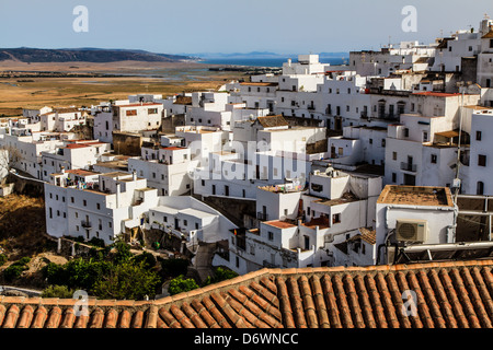 Vejer de la Frontera village in Spain, a white village on a mountain cliff facing the sea Stock Photo