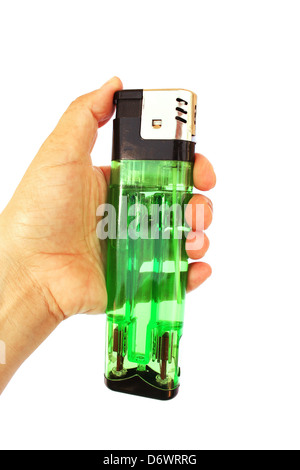 Lighter in hand isolated on white background. Stock Photo