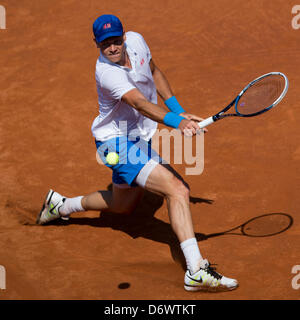 Barcelona, Spain. 23rd April, 2013. Tomas Berdych of Czech Republic plays a backand  during day two of the ATP 500 World Tour Barcelona Open Banc Sabadell 2013 tennis tournament game between Nikolay Davydenko of Russia and Tomas Berdych of Czech Republic at the at the Real Club de Tenis  Barcelona Stock Photo