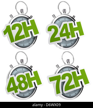 12H, 24H, 48H, 72H sticker over a gray stopwatch, image isolated over a white background Stock Photo