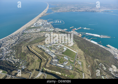 Aerial photograph of the Isle of Portland with Chesil Beach and Weymouth in the background. Stock Photo