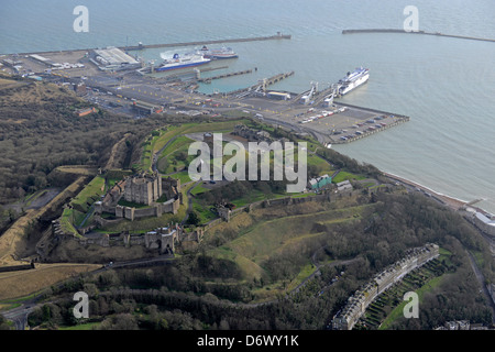 Aerial photograph of Dover Castle with Harbour in Background Stock Photo