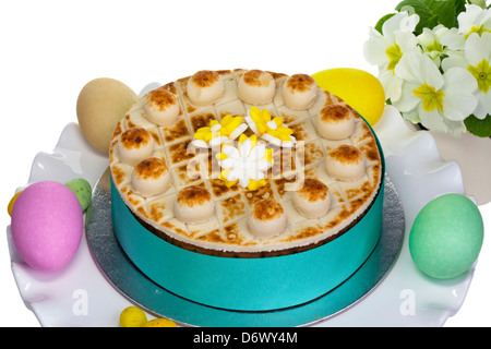 Traditional Simnel cake for Easter decorated with marzipan. Stock Photo