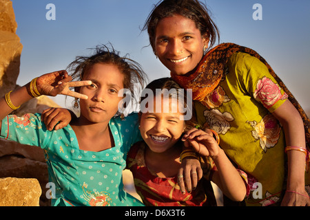 Portrait of young smiling india girls, Jaisalmer, India Stock Photo