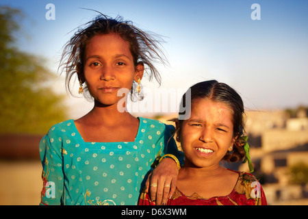 Portrait of young smiling india girls, Jaisalmer, India Stock Photo