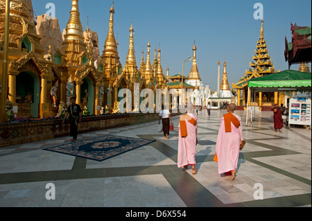 Buddhist nuns stroll around the Shwedagon Pagoda Yangon Myanmar (Burma) Stock Photo