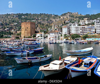 8559. Harbour, Red Tower and Castle, Alanya, Turkey, Europe Stock Photo