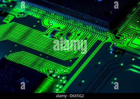 Close up of components and tracks on printed circuit board Stock Photo