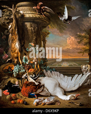 Still life  dead game fruit beside vase with a monkey dog two doves in the offing 1714 Jan Weenix 1640 - 1719  Dutch Netherlands Stock Photo